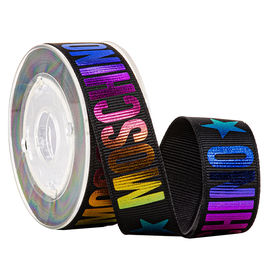 Oro impreso negro del arco iris de la hoja de la cinta grosgrain para el empaquetado de los regalos de vacaciones